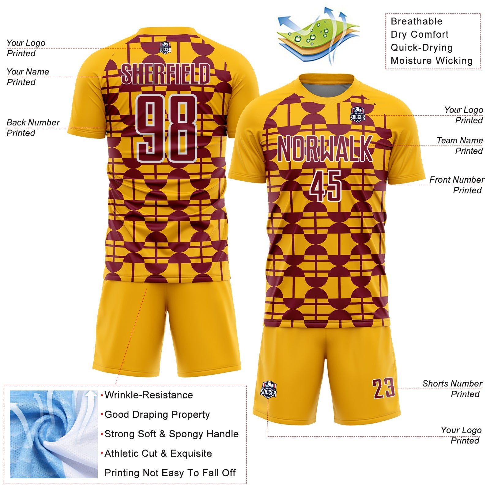 Custom Gold Crimson-White Geometric Shapes Sports Sublimation Soccer Uniform Jersey