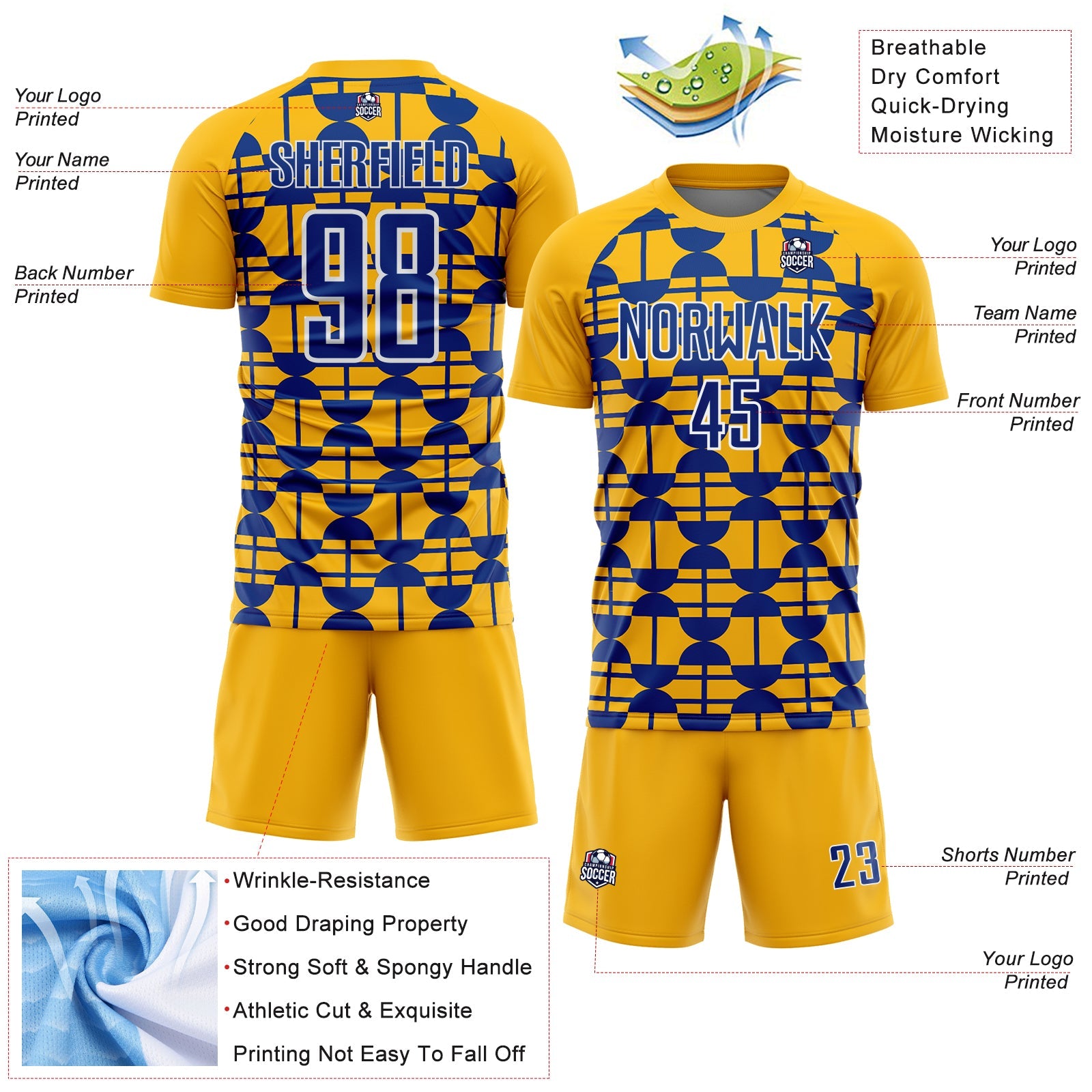 Custom Gold Royal-White Geometric Shapes Sports Sublimation Soccer Uniform Jersey