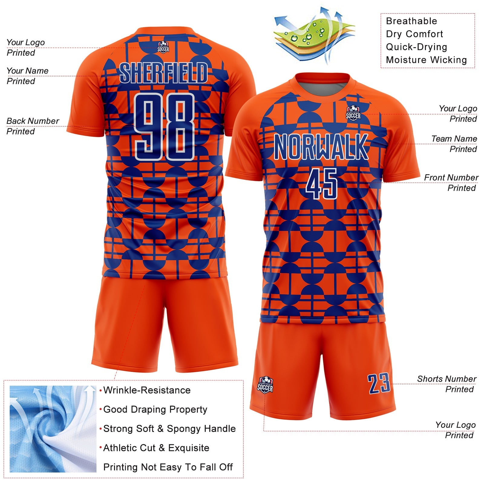 Custom Orange Royal-White Geometric Shapes Sports Sublimation Soccer Uniform Jersey