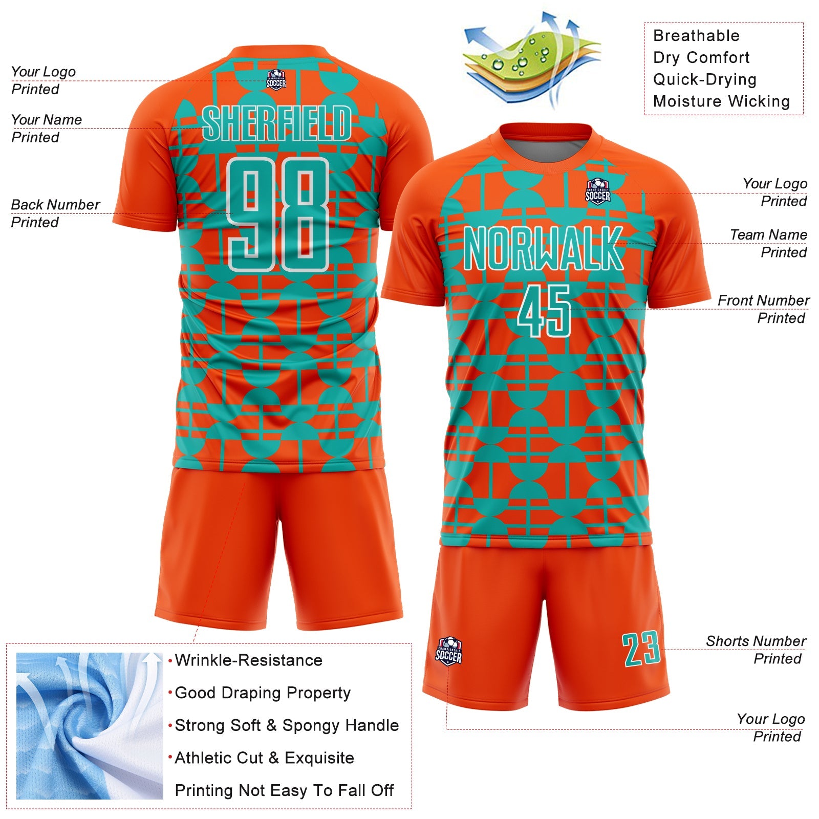 Custom Orange Aqua-White Geometric Shapes Sports Sublimation Soccer Uniform Jersey