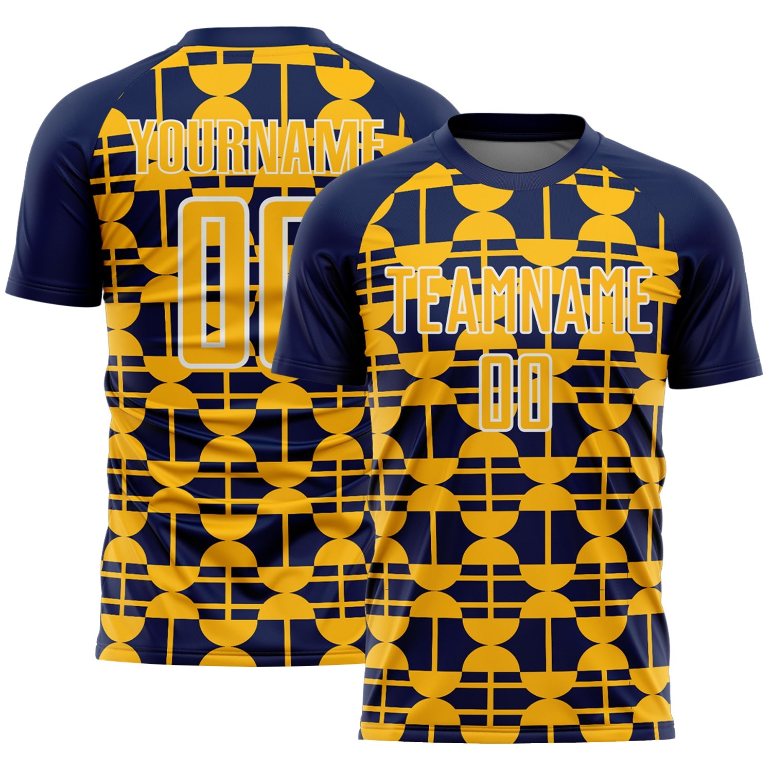 Custom Navy Gold-White Geometric Shapes Sports Sublimation Soccer Uniform Jersey