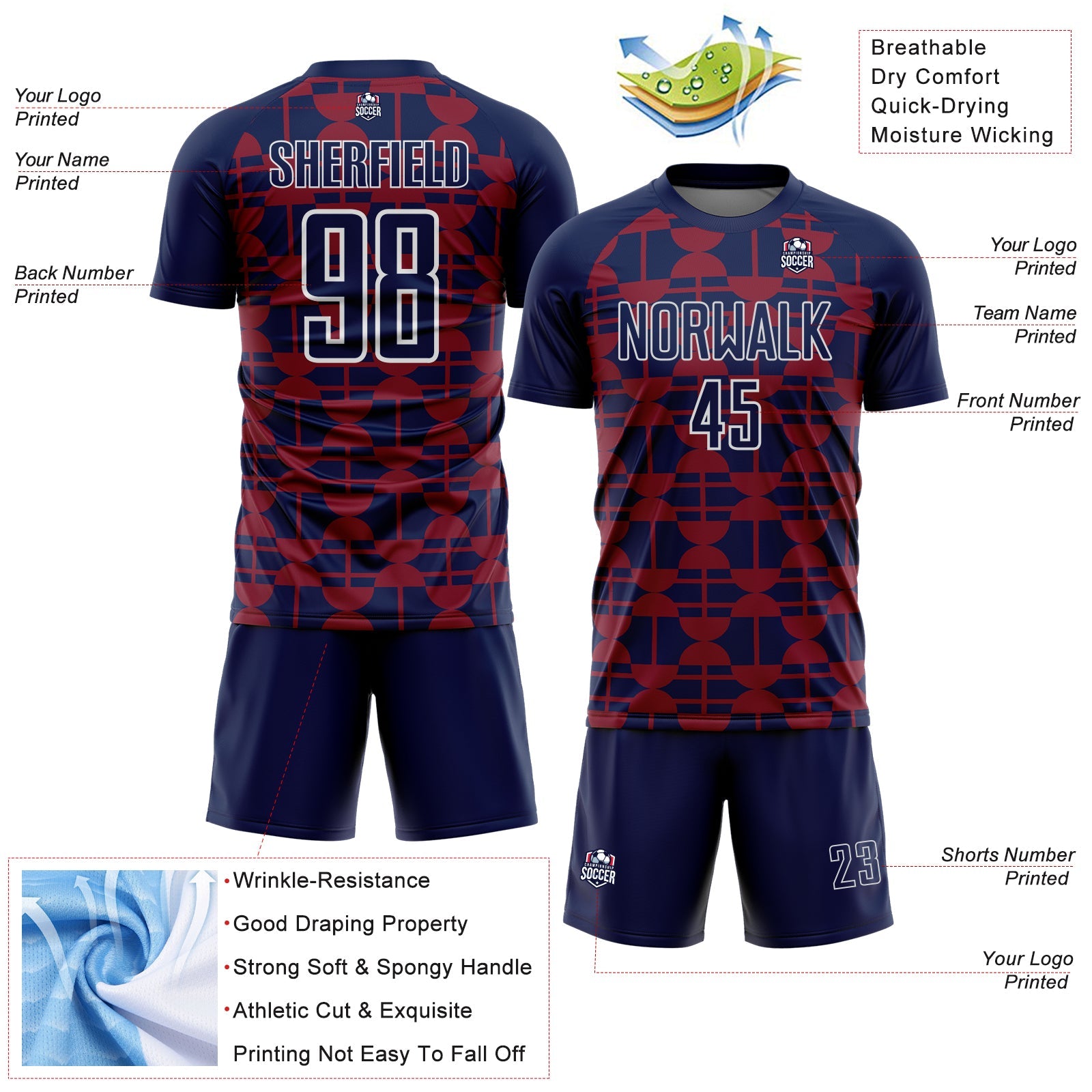 Custom Navy Crimson-White Geometric Shapes Sports Sublimation Soccer Uniform Jersey