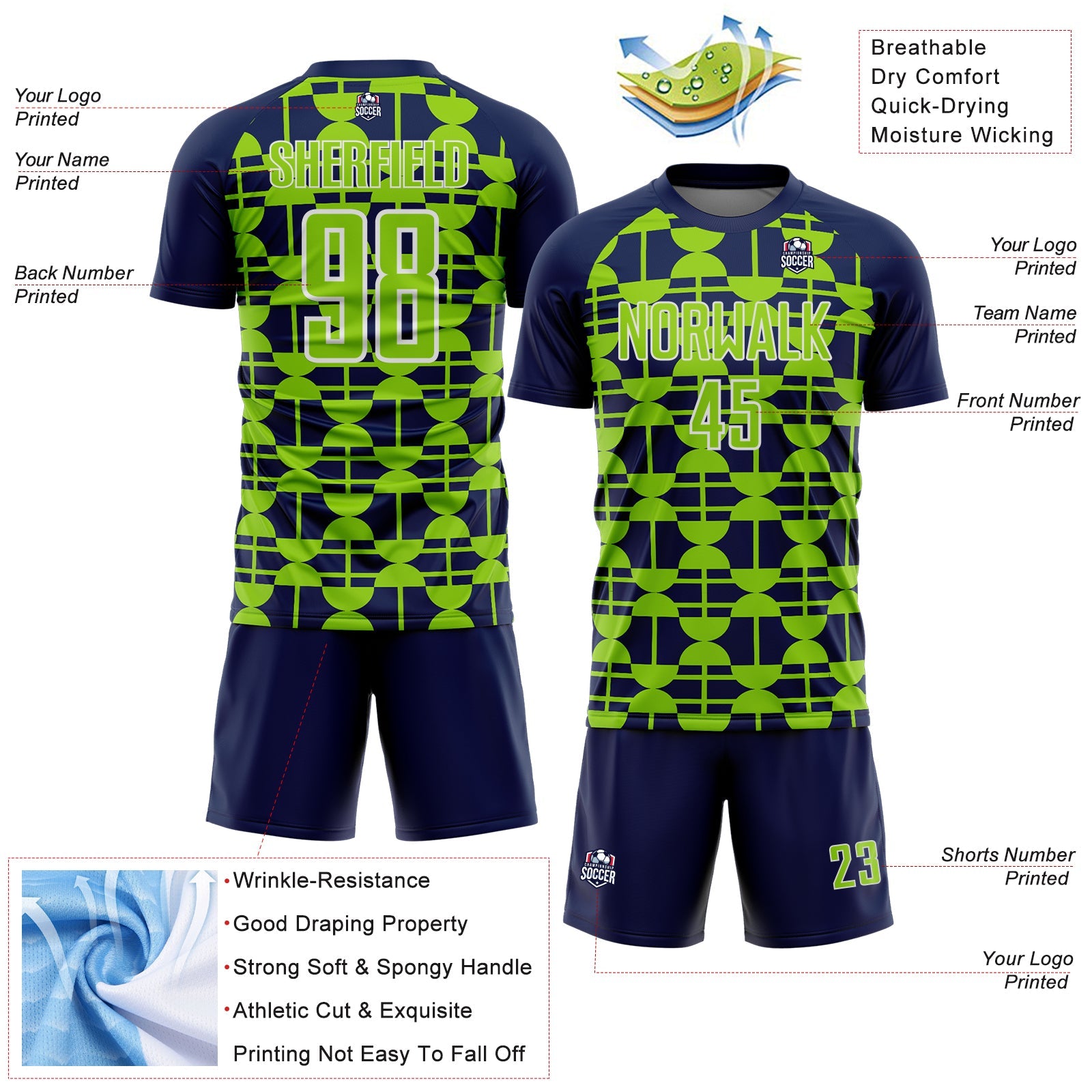 Custom Navy Neon Green-White Geometric Shapes Sports Sublimation Soccer Uniform Jersey