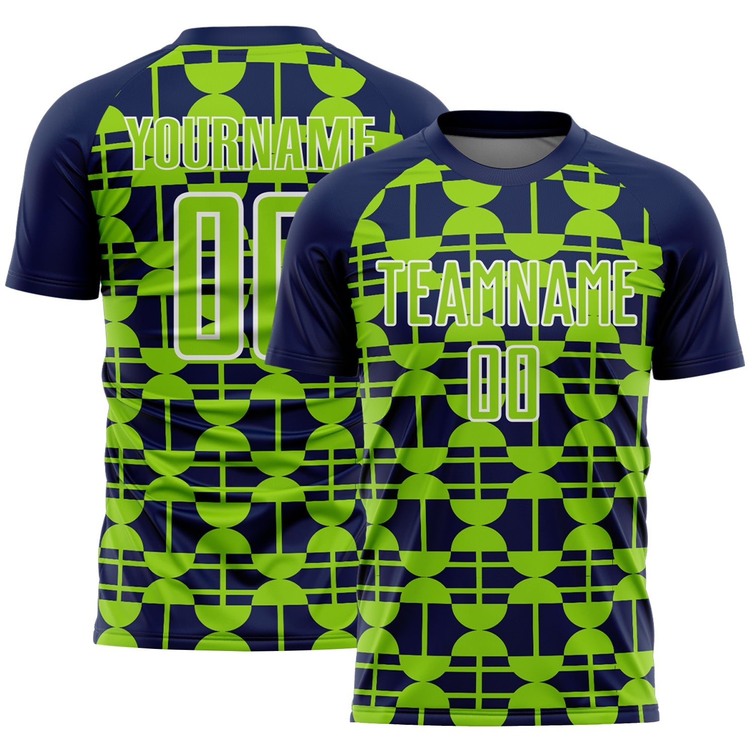 Custom Navy Neon Green-White Geometric Shapes Sports Sublimation Soccer Uniform Jersey