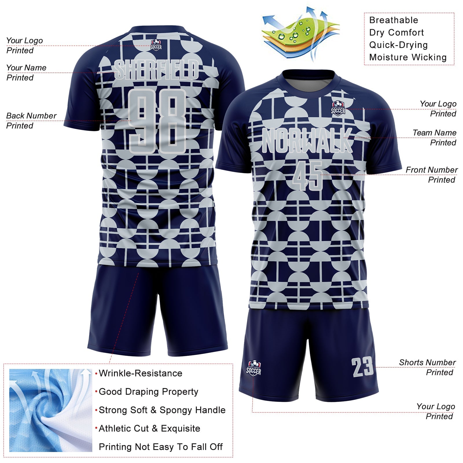 Custom Navy Silver-White Geometric Shapes Sports Sublimation Soccer Uniform Jersey