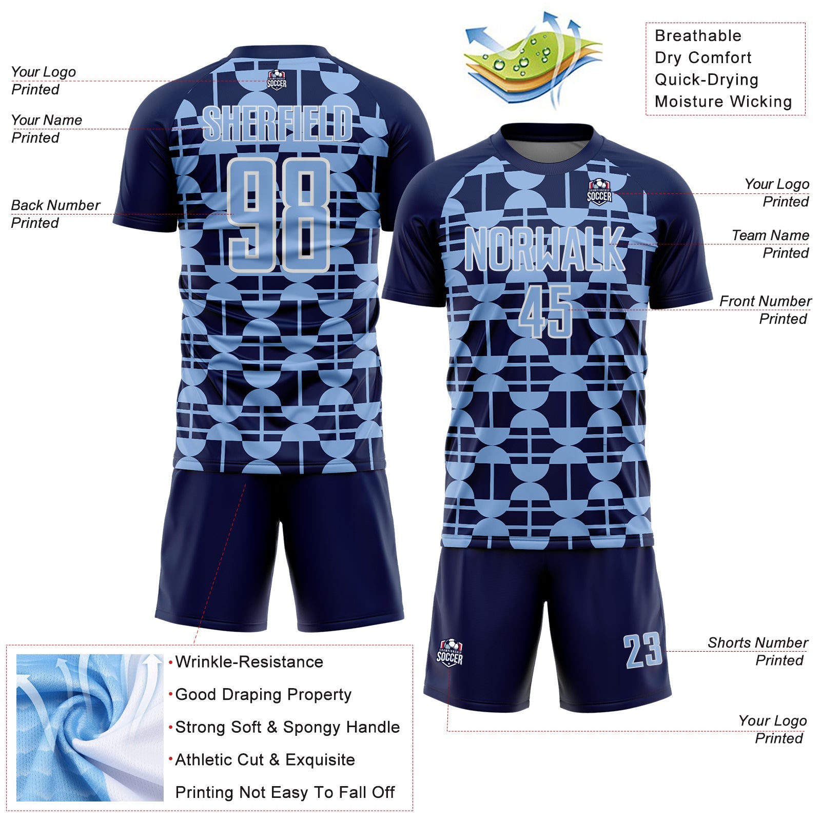 Custom Navy Light Blue-White Geometric Shapes Sports Sublimation Soccer Uniform Jersey
