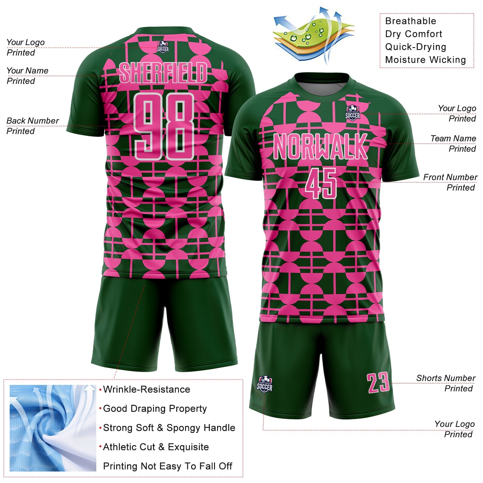 Custom Green Pink-White Geometric Shapes Sports Sublimation Soccer Uniform Jersey