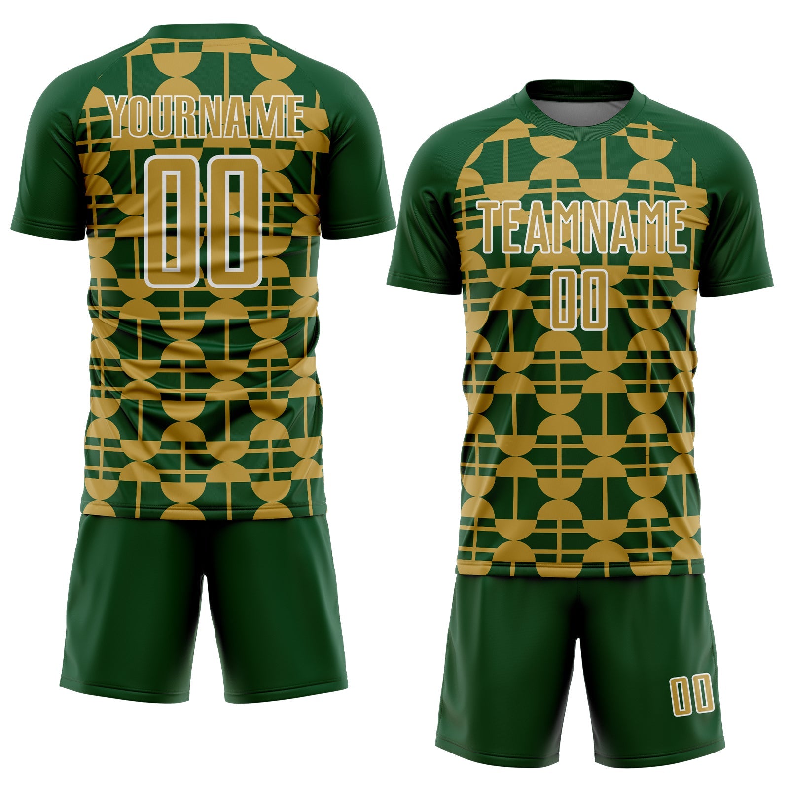 Custom Green Old Gold-White Geometric Shapes Sports Sublimation Soccer Uniform Jersey