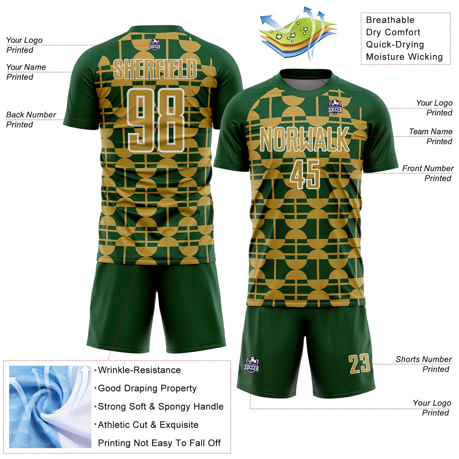 Custom Green Old Gold-White Geometric Shapes Sports Sublimation Soccer Uniform Jersey