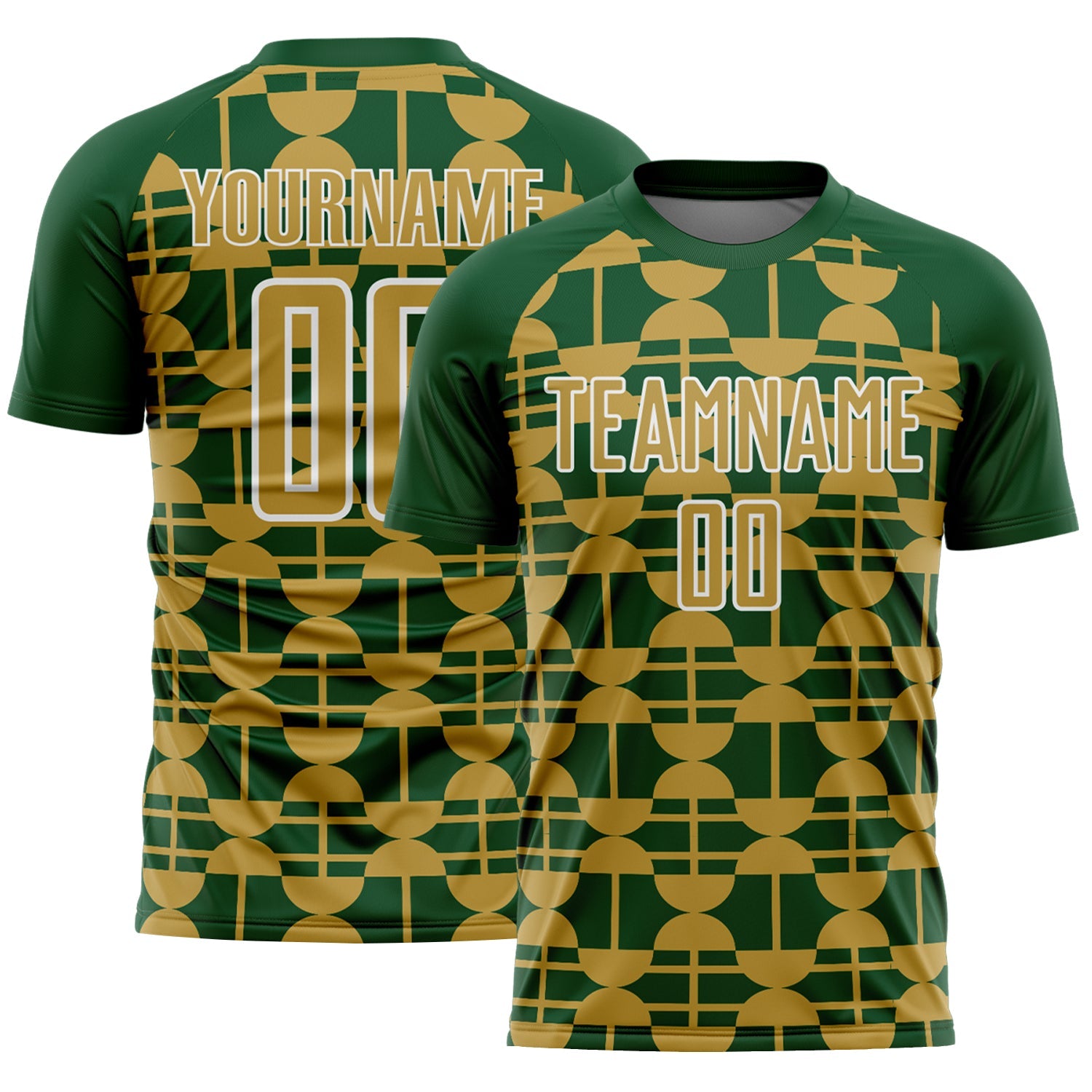 Custom Green Old Gold-White Geometric Shapes Sports Sublimation Soccer Uniform Jersey
