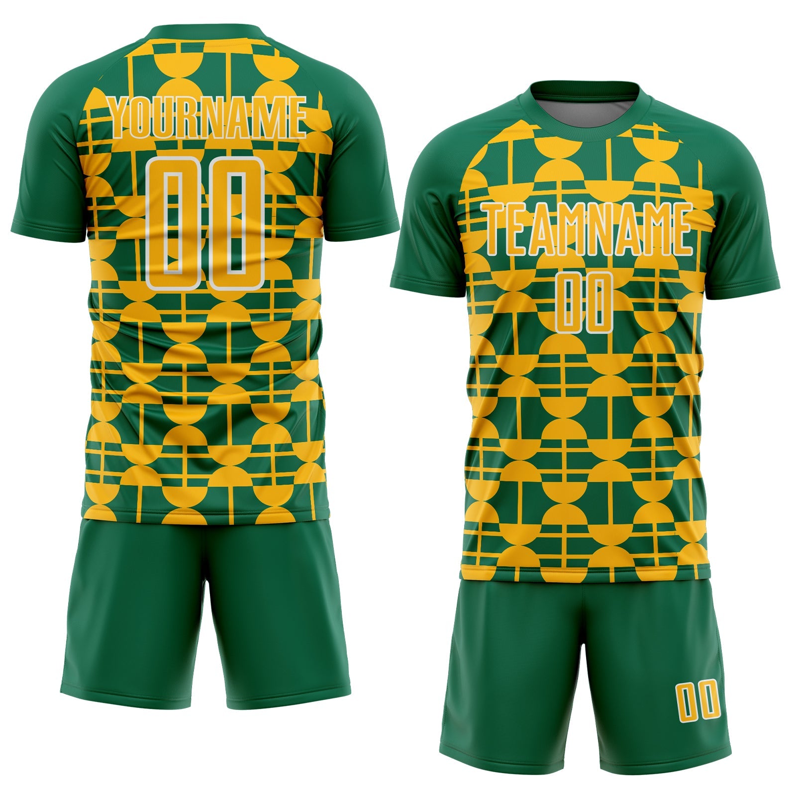 Custom Kelly Green Gold-White Geometric Shapes Sports Sublimation Soccer Uniform Jersey