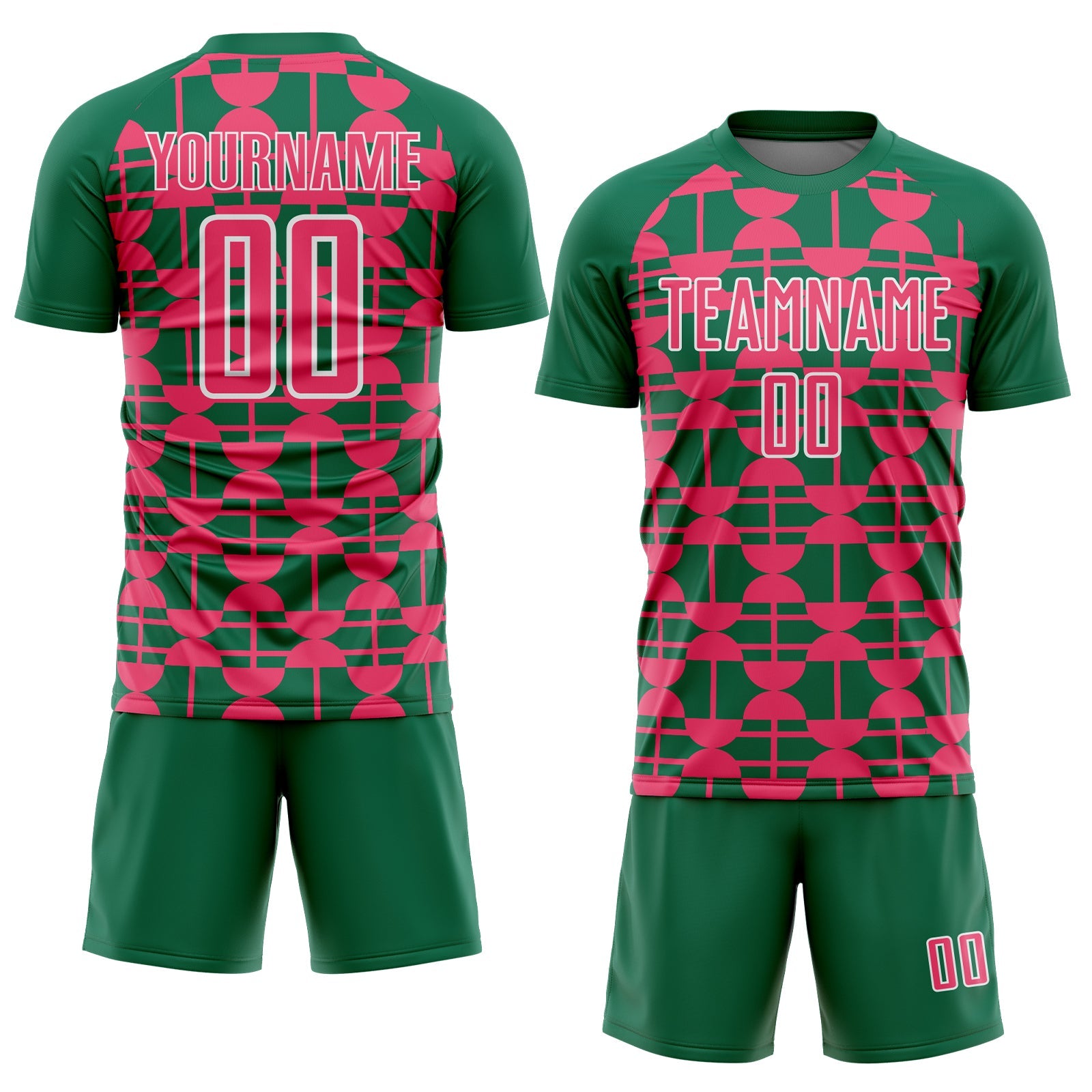 Custom Kelly Green Neon Pink-White Geometric Shapes Sports Sublimation Soccer Uniform Jersey