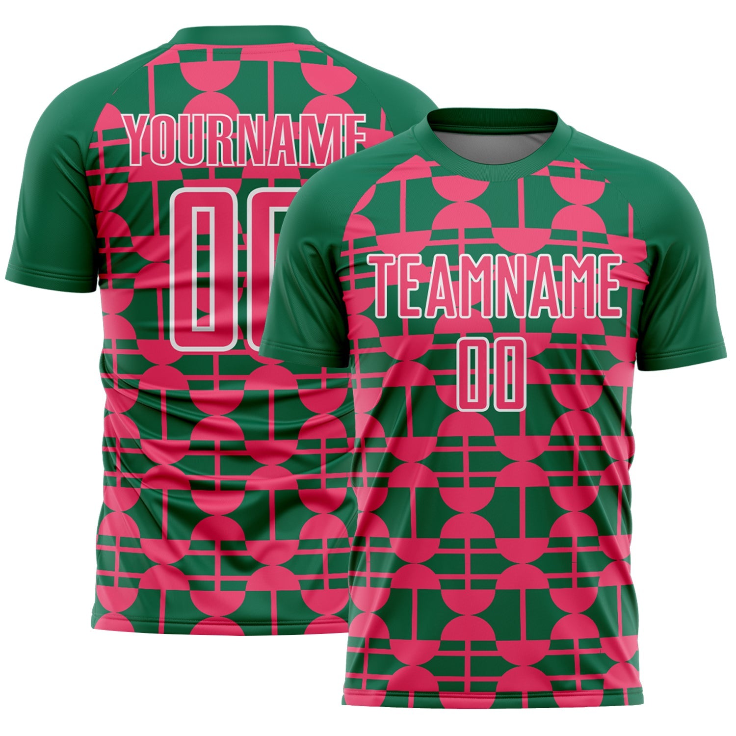 Custom Kelly Green Neon Pink-White Geometric Shapes Sports Sublimation Soccer Uniform Jersey