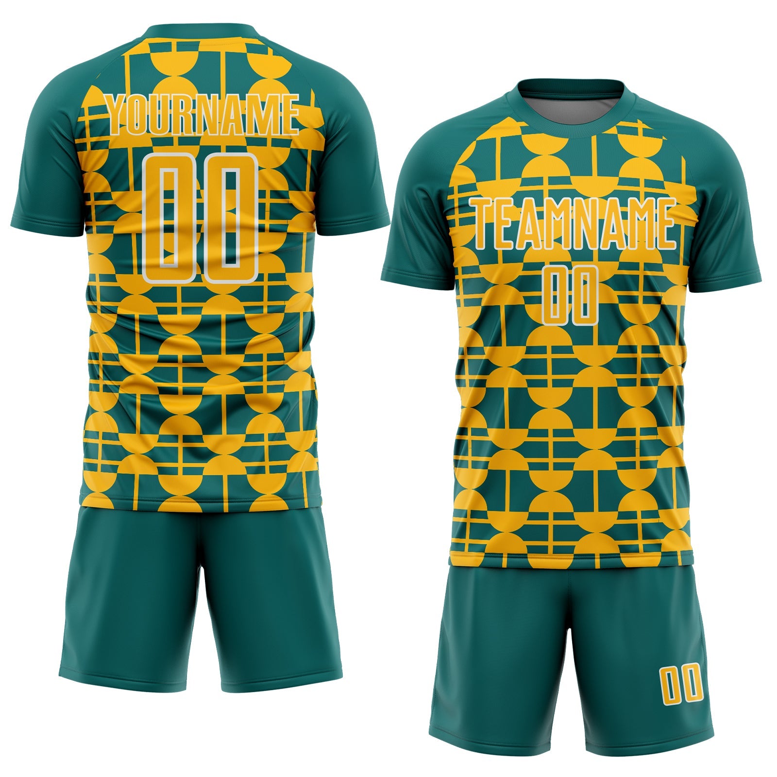 Custom Teal Gold-White Geometric Shapes Sports Sublimation Soccer Uniform Jersey
