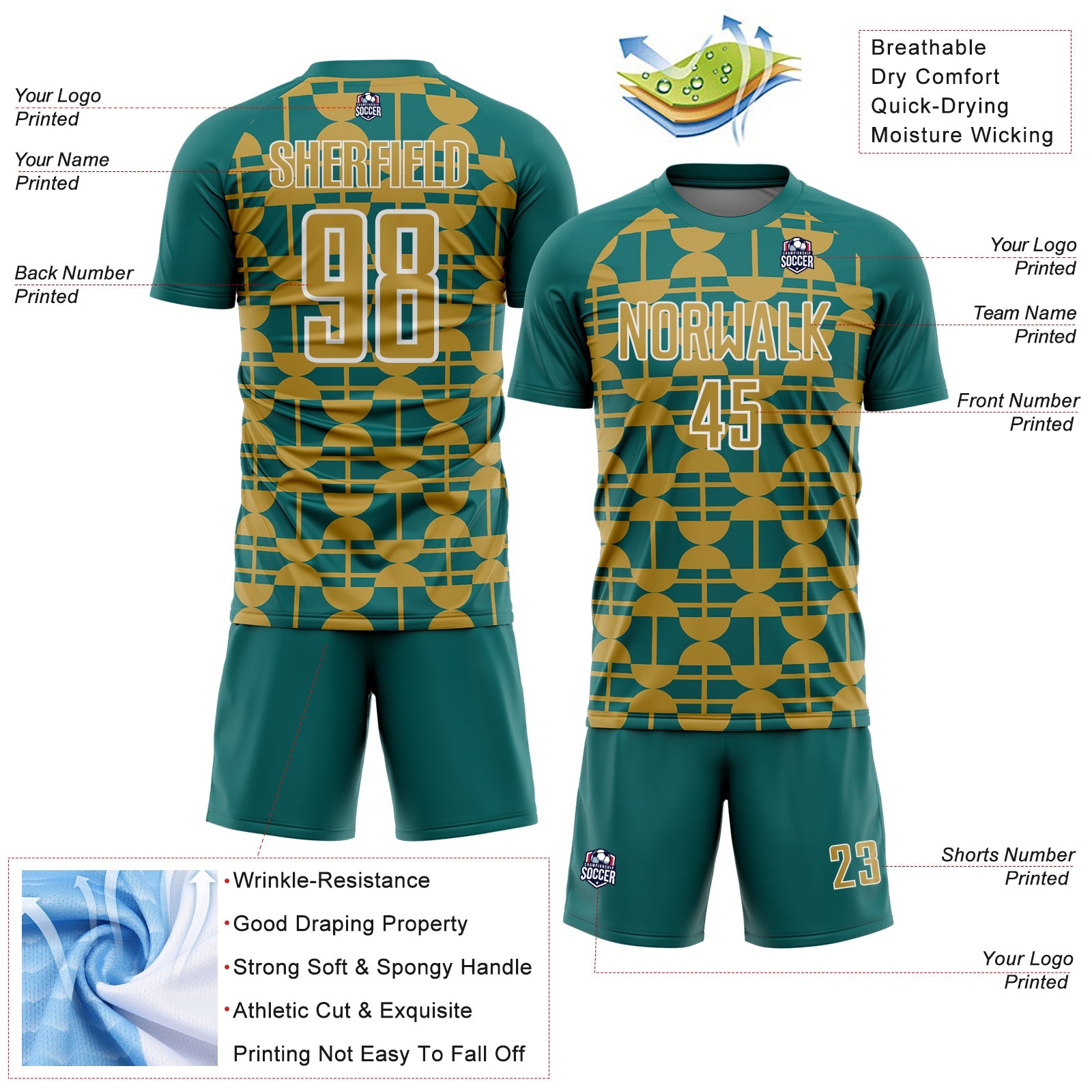 Custom Teal Old Gold-White Geometric Shapes Sports Sublimation Soccer Uniform Jersey
