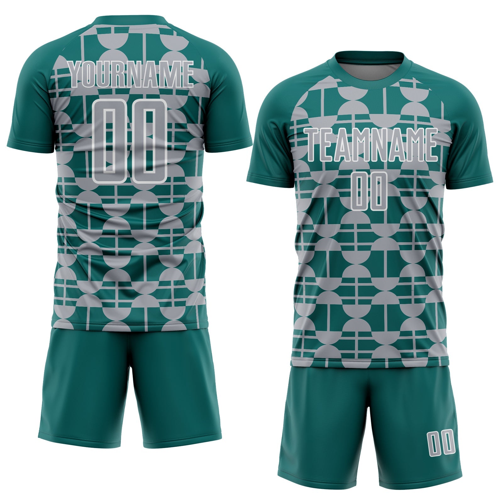 Custom Teal Gray-White Geometric Shapes Sports Sublimation Soccer Uniform Jersey
