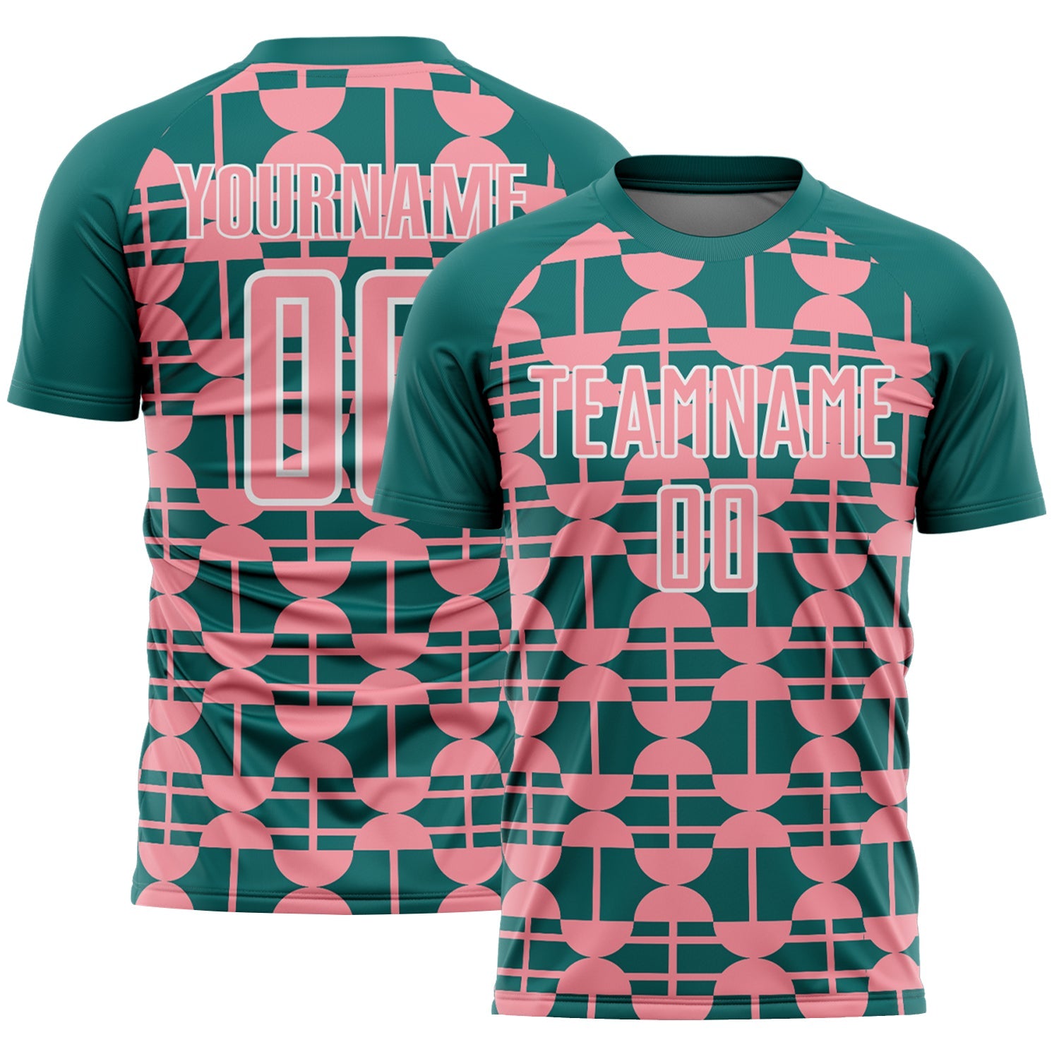 Custom Teal Medium Pink-White Geometric Shapes Sports Sublimation Soccer Uniform Jersey