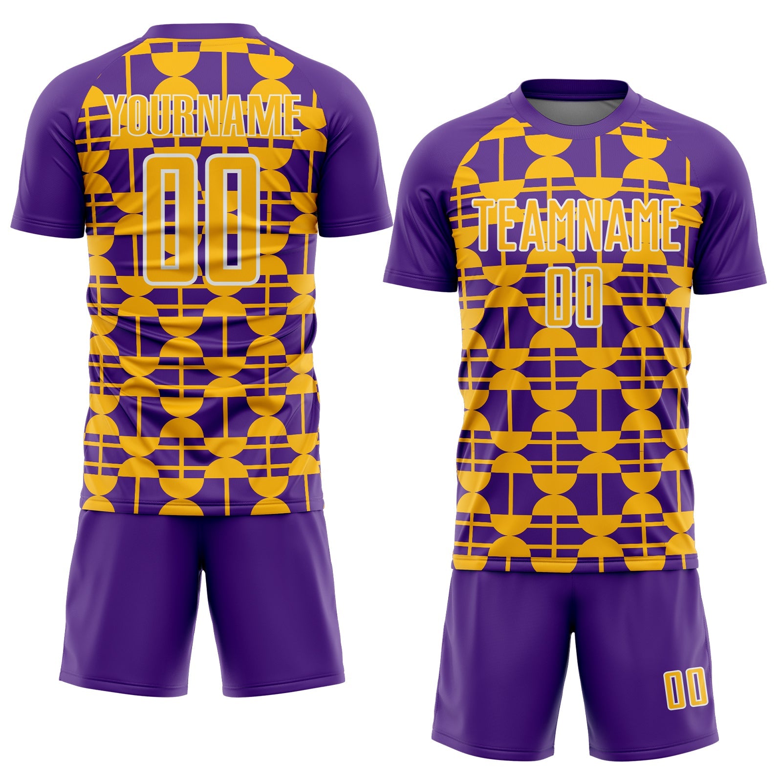 Custom Purple Gold-White Geometric Shapes Sports Sublimation Soccer Uniform Jersey