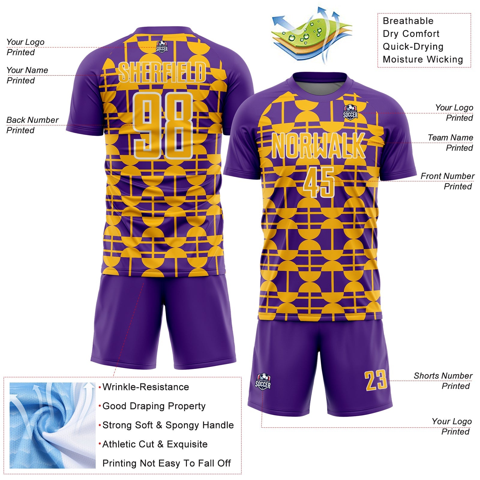 Custom Purple Gold-White Geometric Shapes Sports Sublimation Soccer Uniform Jersey