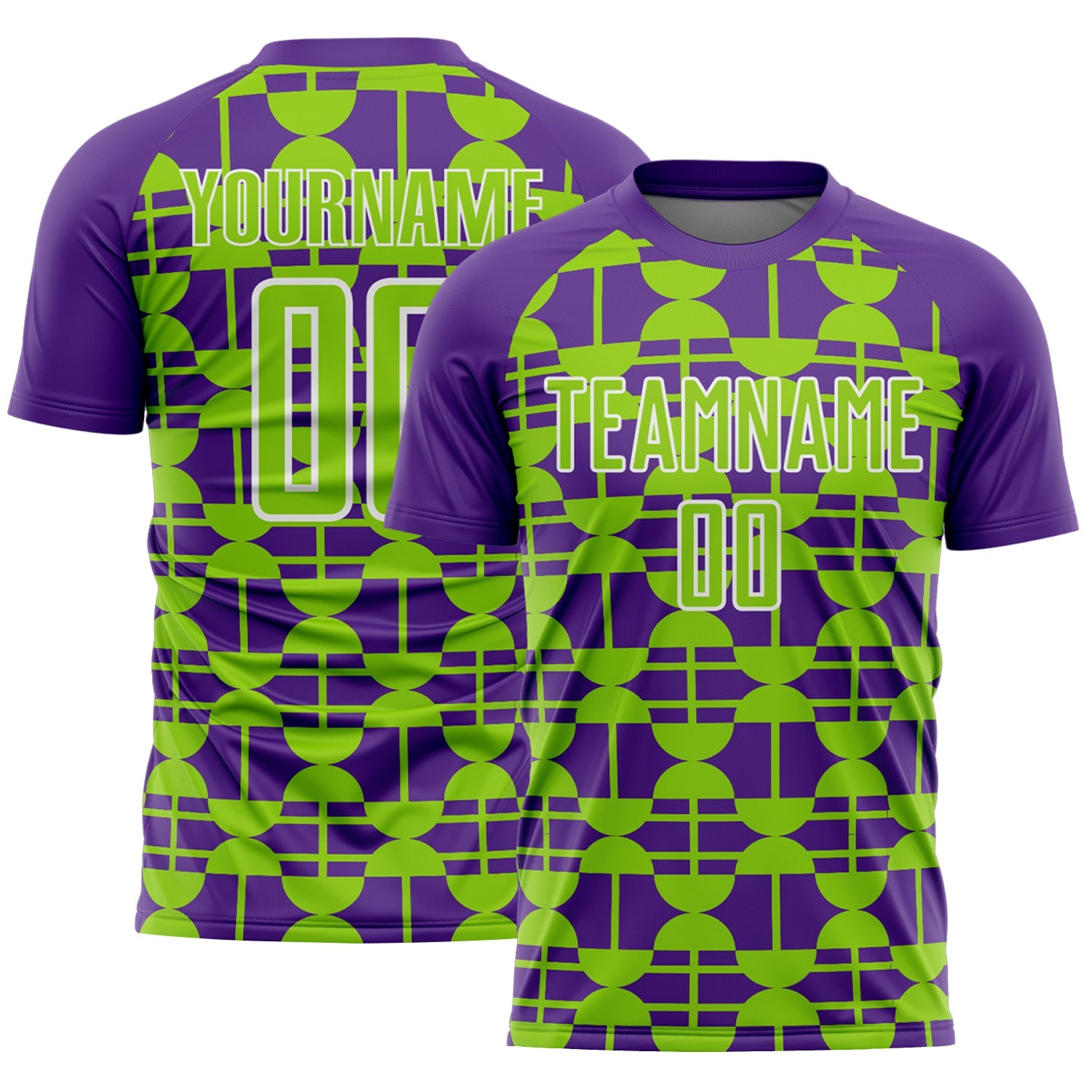 Custom Purple Neon Green-White Geometric Shapes Sports Sublimation Soccer Uniform Jersey