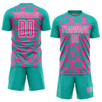 Custom Aqua Pink-White Geometric Shapes Sports Sublimation Soccer Uniform Jersey
