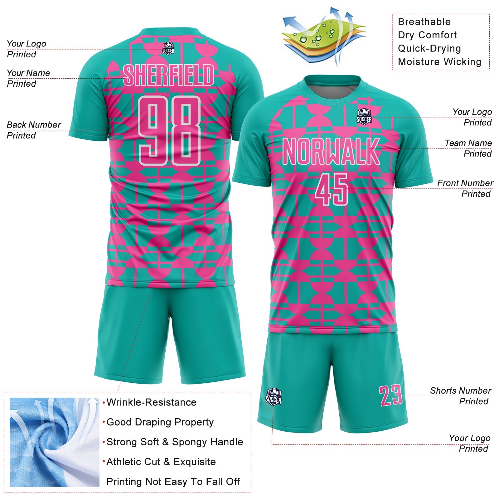 Custom Aqua Pink-White Geometric Shapes Sports Sublimation Soccer Uniform Jersey