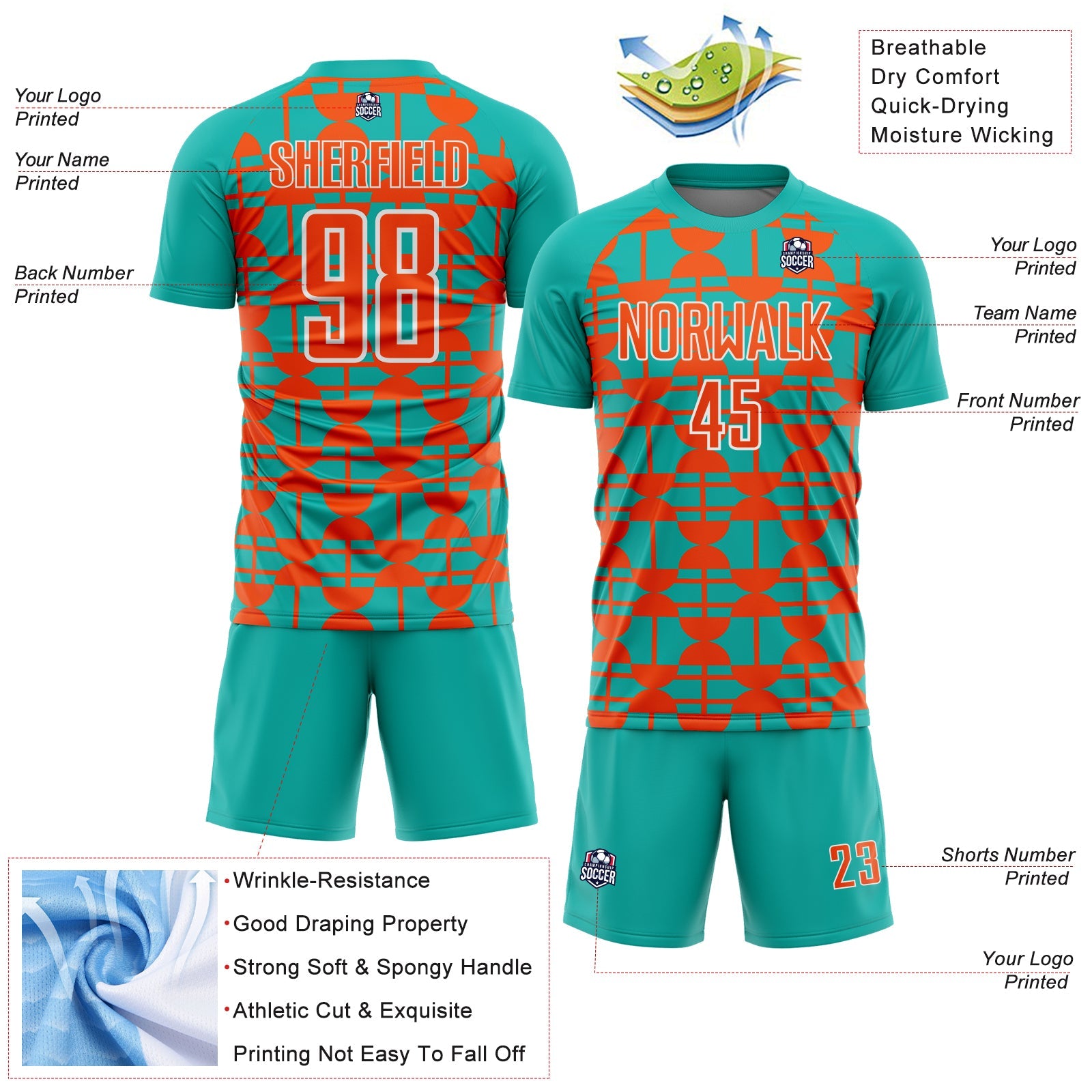 Custom Aqua Orange-White Geometric Shapes Sports Sublimation Soccer Uniform Jersey