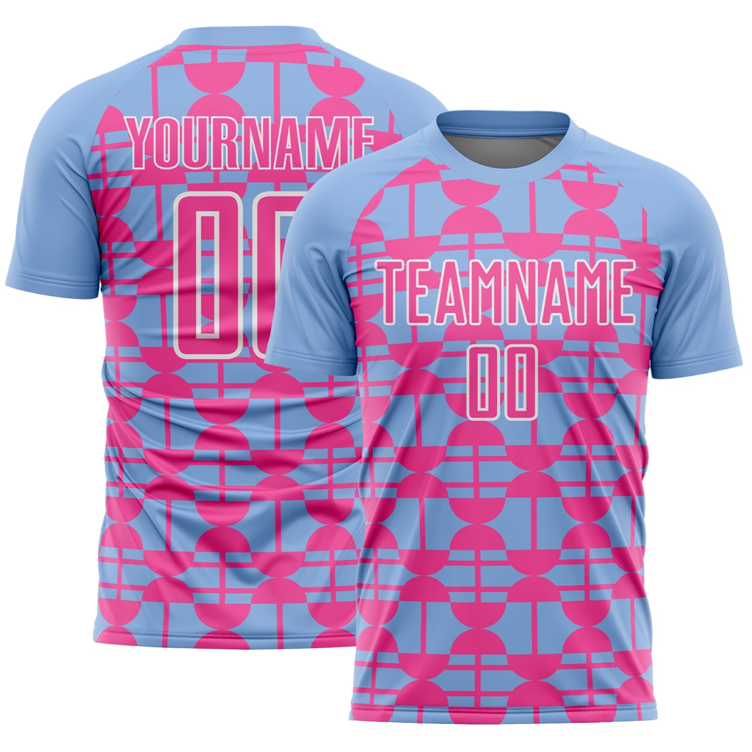 Custom Light Blue Pink-White Geometric Shapes Sports Sublimation Soccer Uniform Jersey