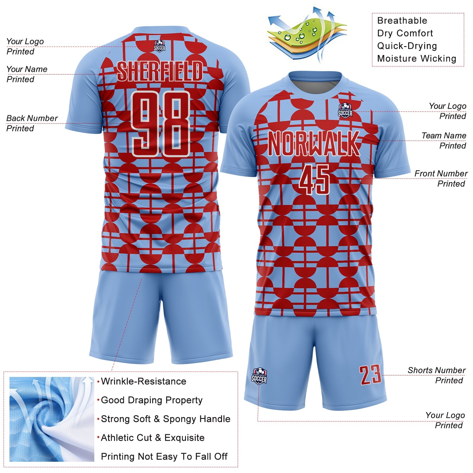 Custom Light Blue Red-White Geometric Shapes Sports Sublimation Soccer Uniform Jersey