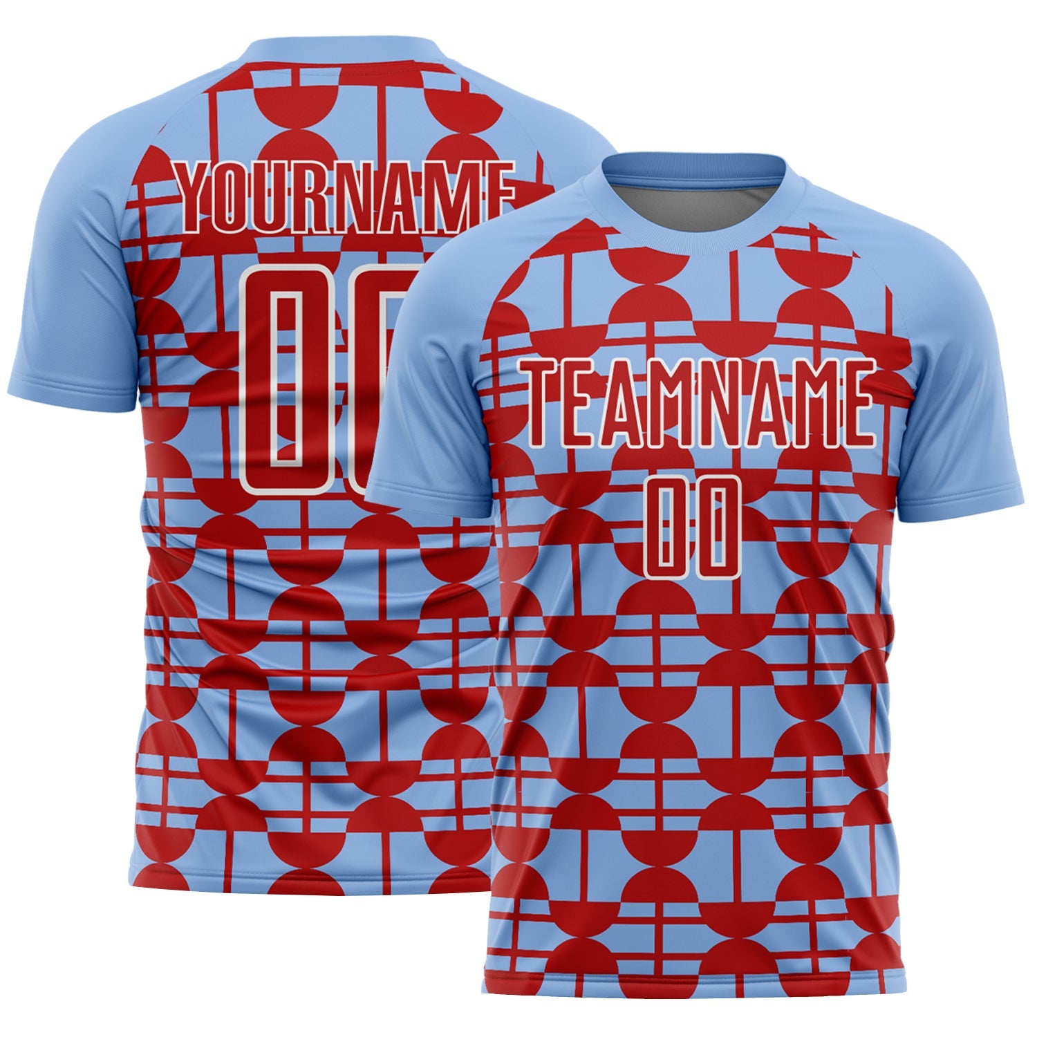 Custom Light Blue Red-White Geometric Shapes Sports Sublimation Soccer Uniform Jersey