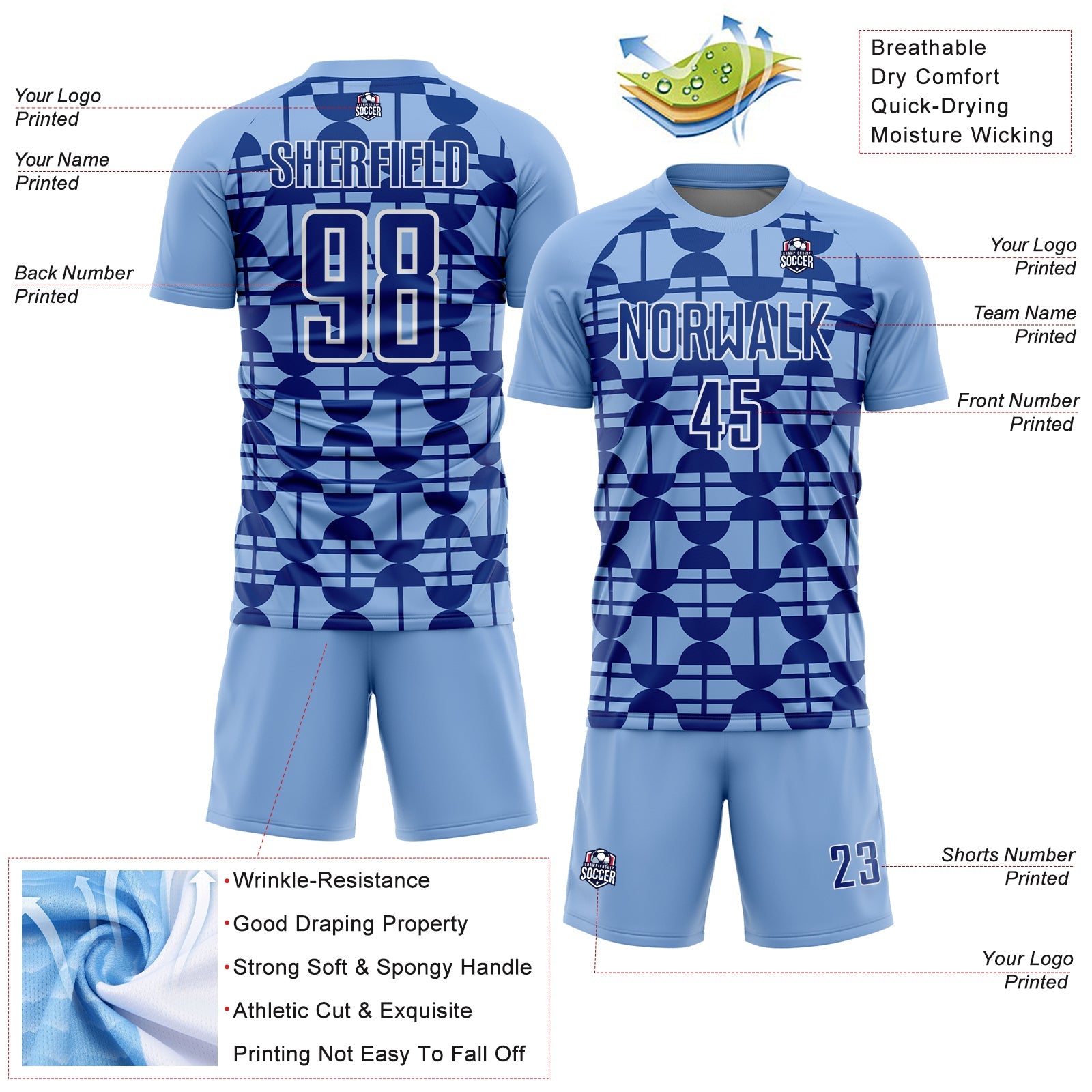 Custom Light Blue Royal-White Geometric Shapes Sports Sublimation Soccer Uniform Jersey