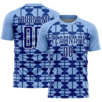 Custom Light Blue Royal-White Geometric Shapes Sports Sublimation Soccer Uniform Jersey