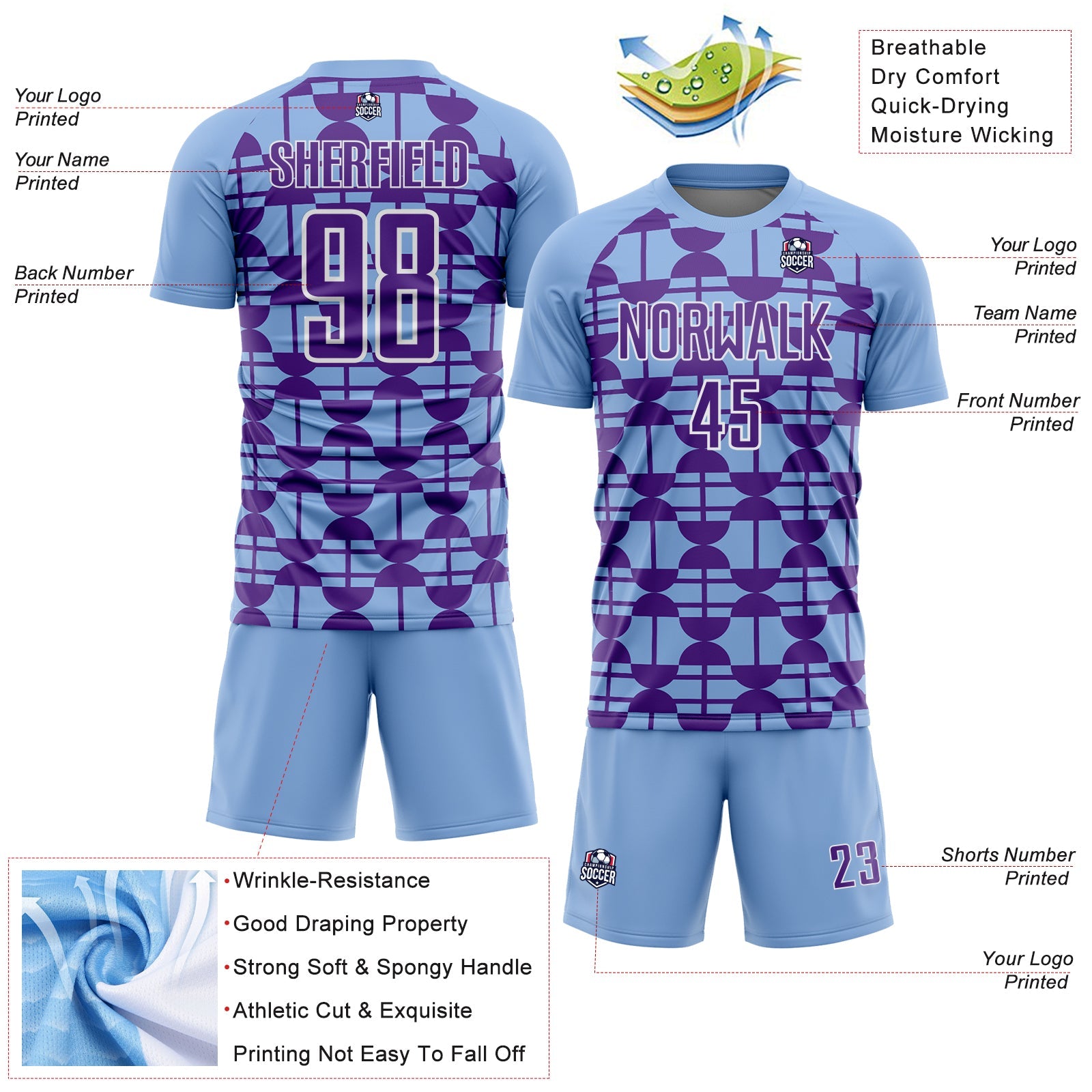 Custom Light Blue Purple-White Geometric Shapes Sports Sublimation Soccer Uniform Jersey