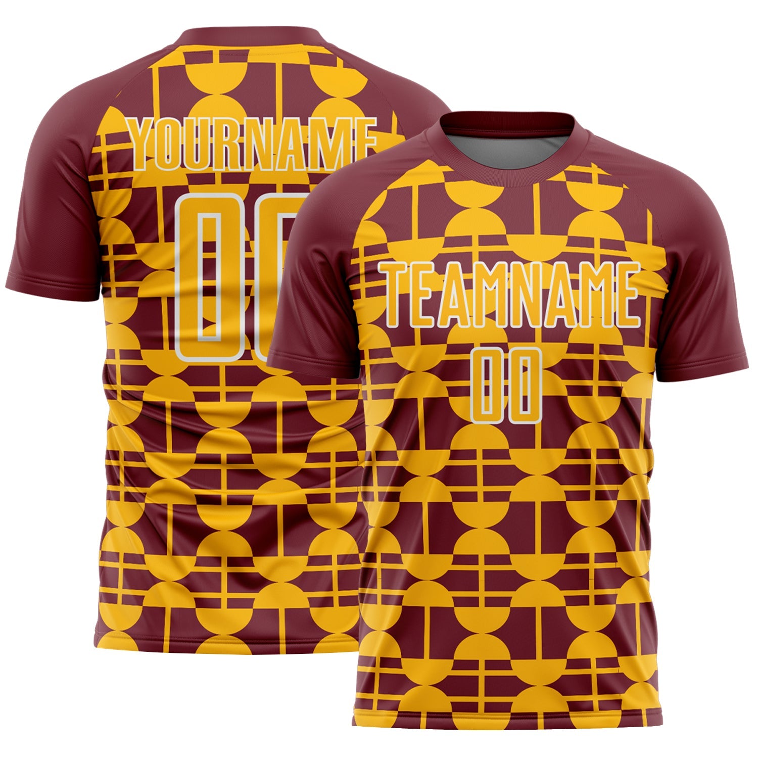 Custom Burgundy Gold-White Geometric Shapes Sports Sublimation Soccer Uniform Jersey