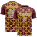 Custom Burgundy Old Gold-White Geometric Shapes Sports Sublimation Soccer Uniform Jersey