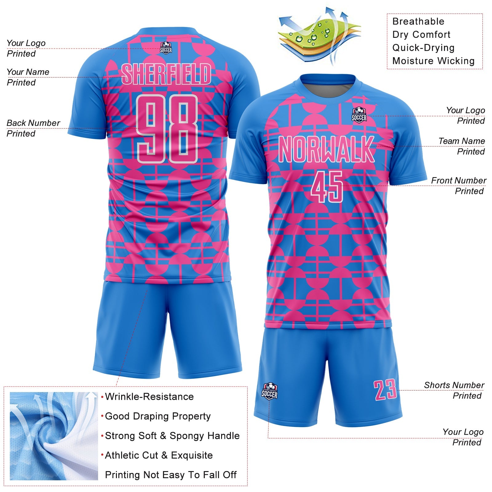 Custom Powder Blue Pink-White Geometric Shapes Sports Sublimation Soccer Uniform Jersey