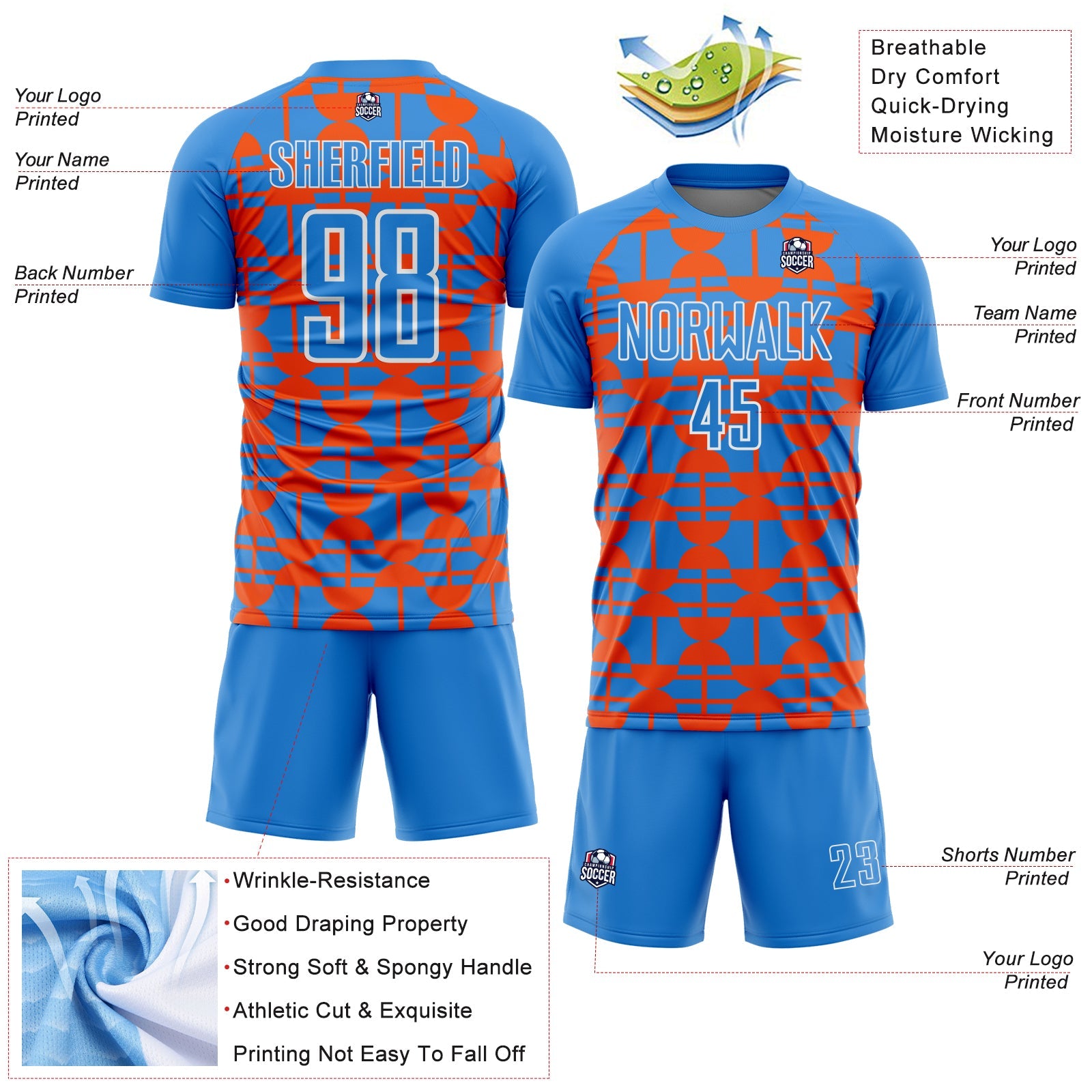 Custom Powder Blue Orange-White Geometric Shapes Sports Sublimation Soccer Uniform Jersey