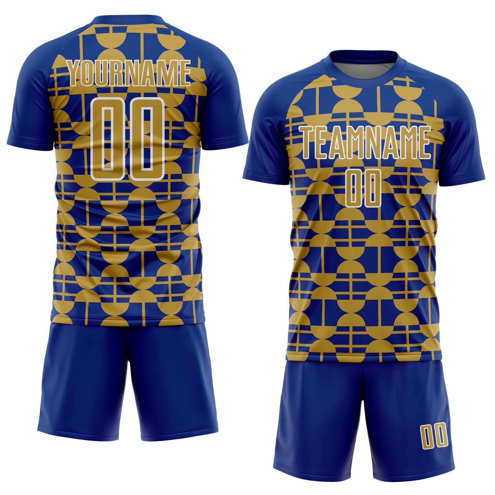 Custom Royal Old Gold-White Geometric Shapes Sports Sublimation Soccer Uniform Jersey