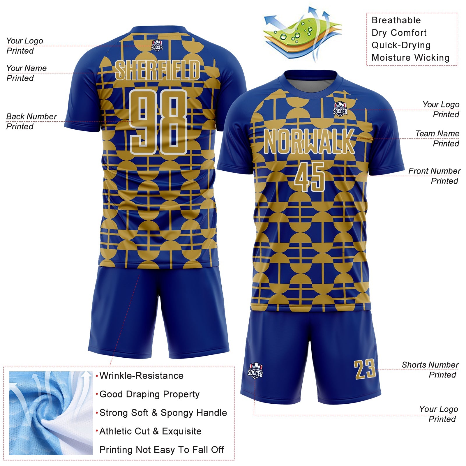 Custom Royal Old Gold-White Geometric Shapes Sports Sublimation Soccer Uniform Jersey