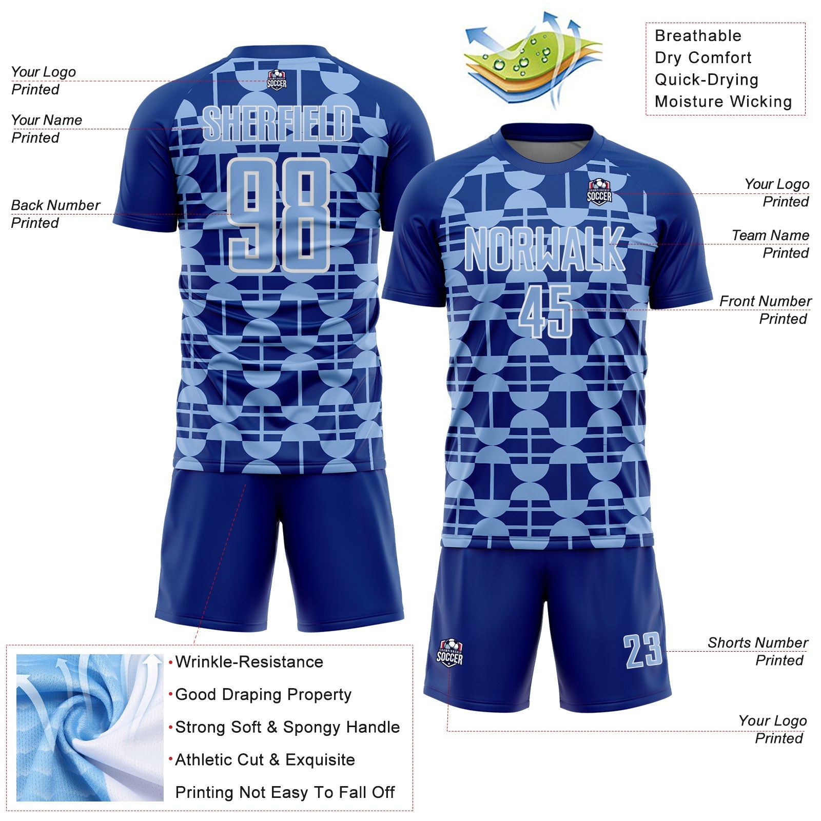 Custom Royal Light Blue-White Geometric Shapes Sports Sublimation Soccer Uniform Jersey