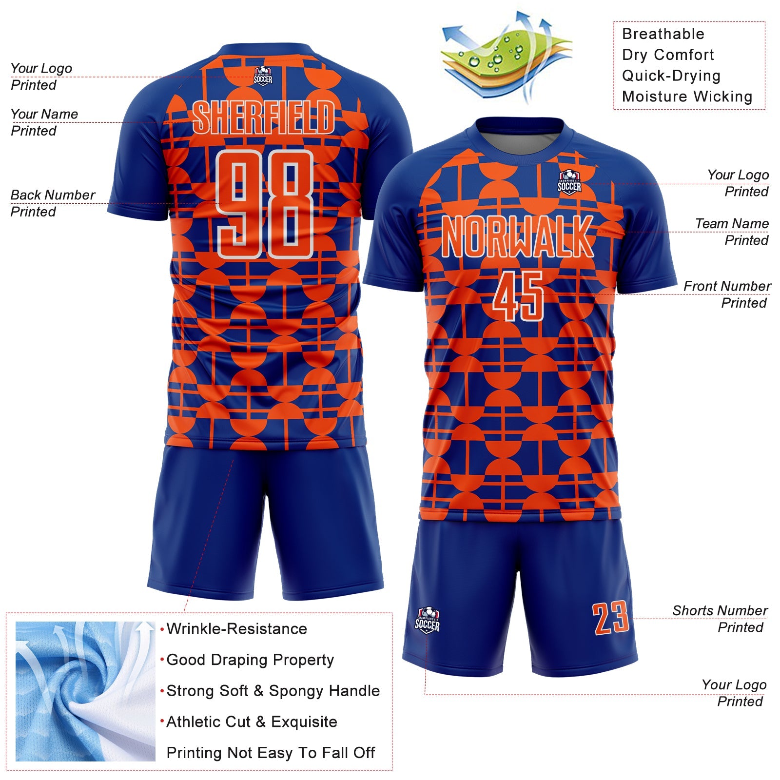 Custom Royal Orange-White Geometric Shapes Sports Sublimation Soccer Uniform Jersey
