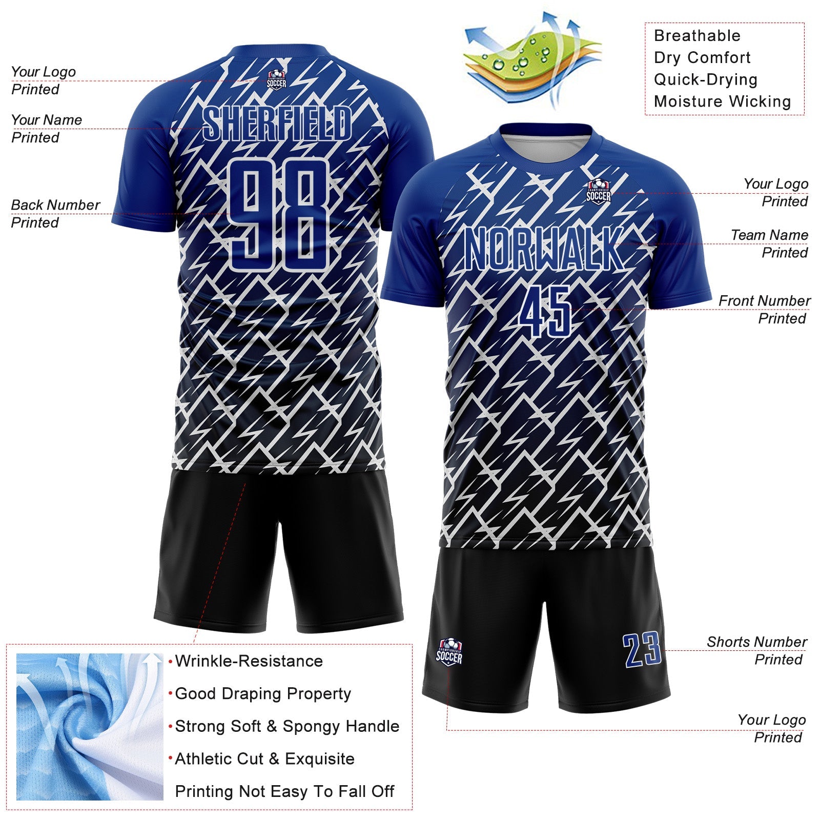 Custom Royal Black-White Lightning Sports Sublimation Soccer Uniform Jersey