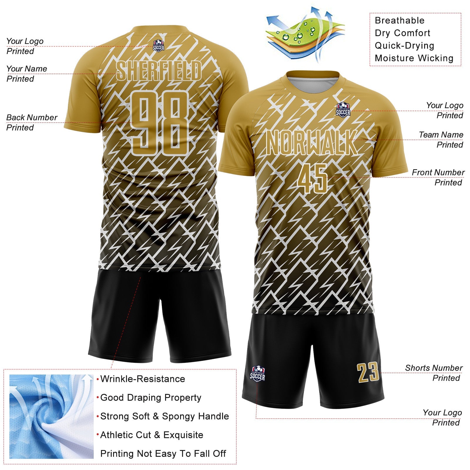 Custom Old Gold Black-White Lightning Sports Sublimation Soccer Uniform Jersey