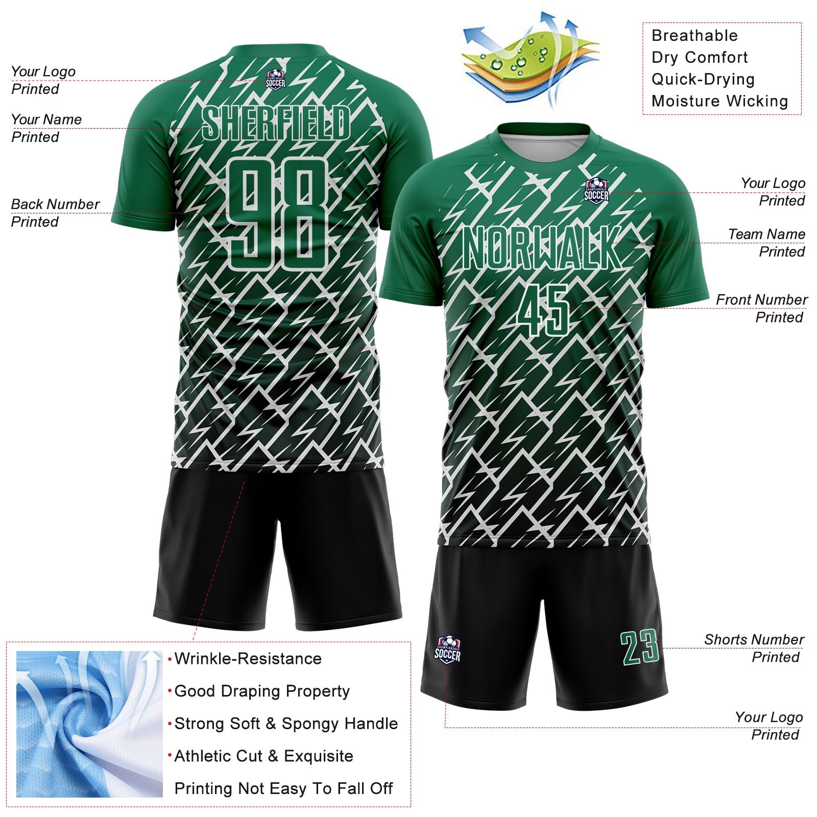 Custom Kelly Green Black-White Lightning Sports Sublimation Soccer Uniform Jersey