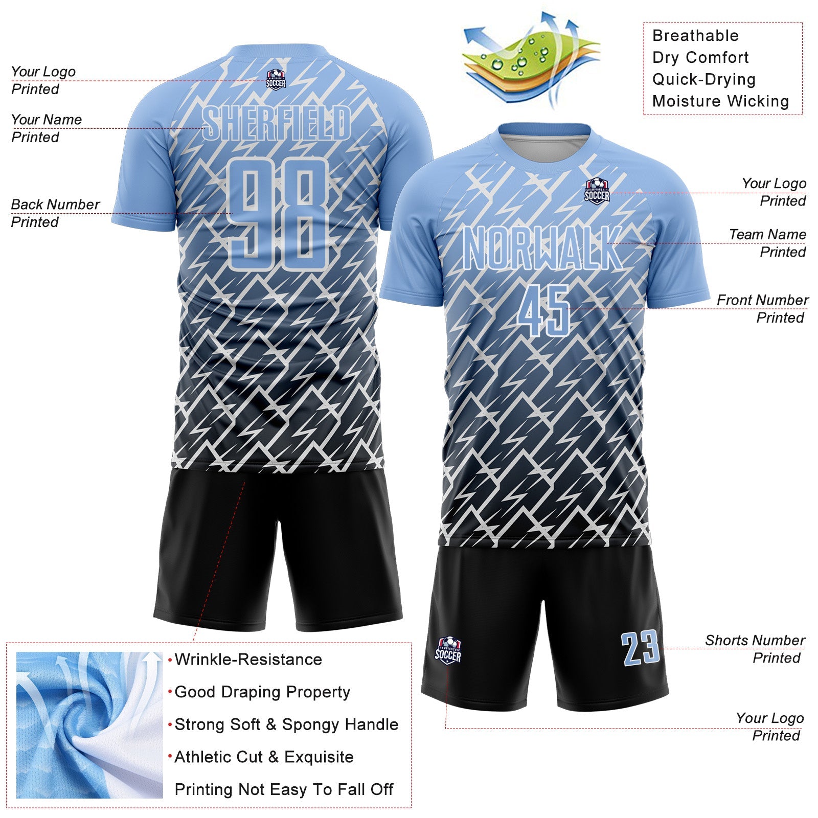 Custom Light Blue Black-White Lightning Sports Sublimation Soccer Uniform Jersey