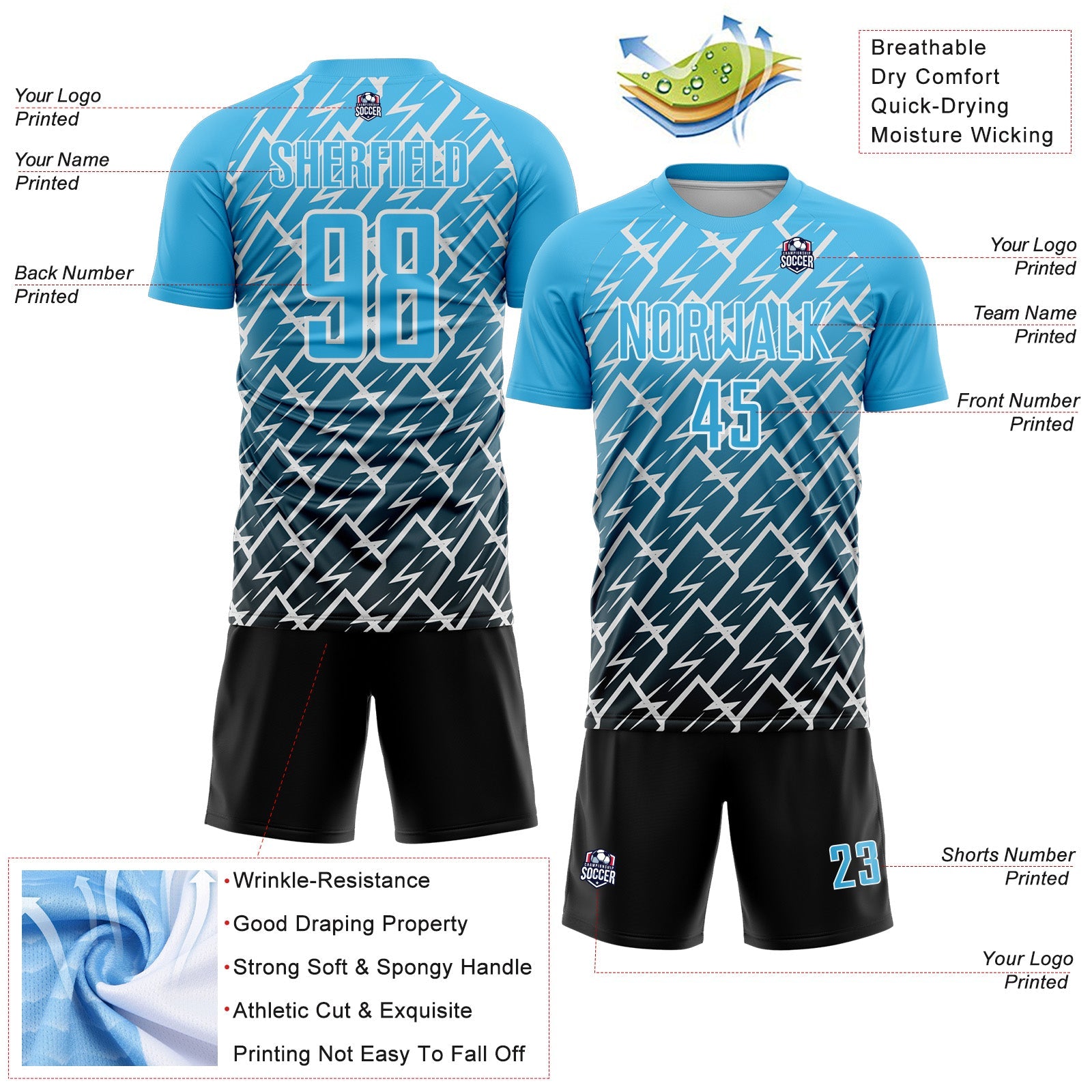 Custom Sky Blue Black-White Lightning Sports Sublimation Soccer Uniform Jersey