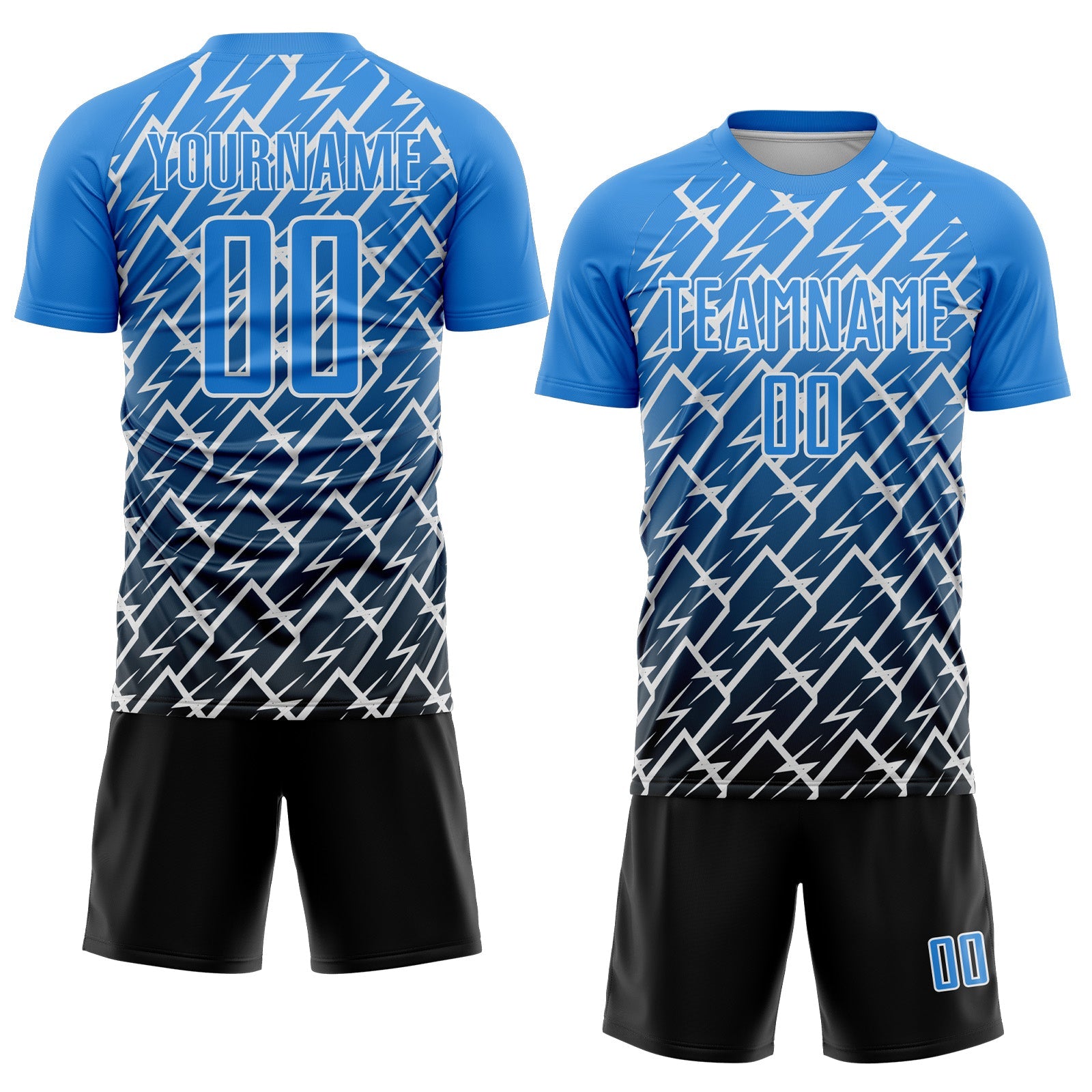 Custom Powder Blue Black-White Lightning Sports Sublimation Soccer Uniform Jersey