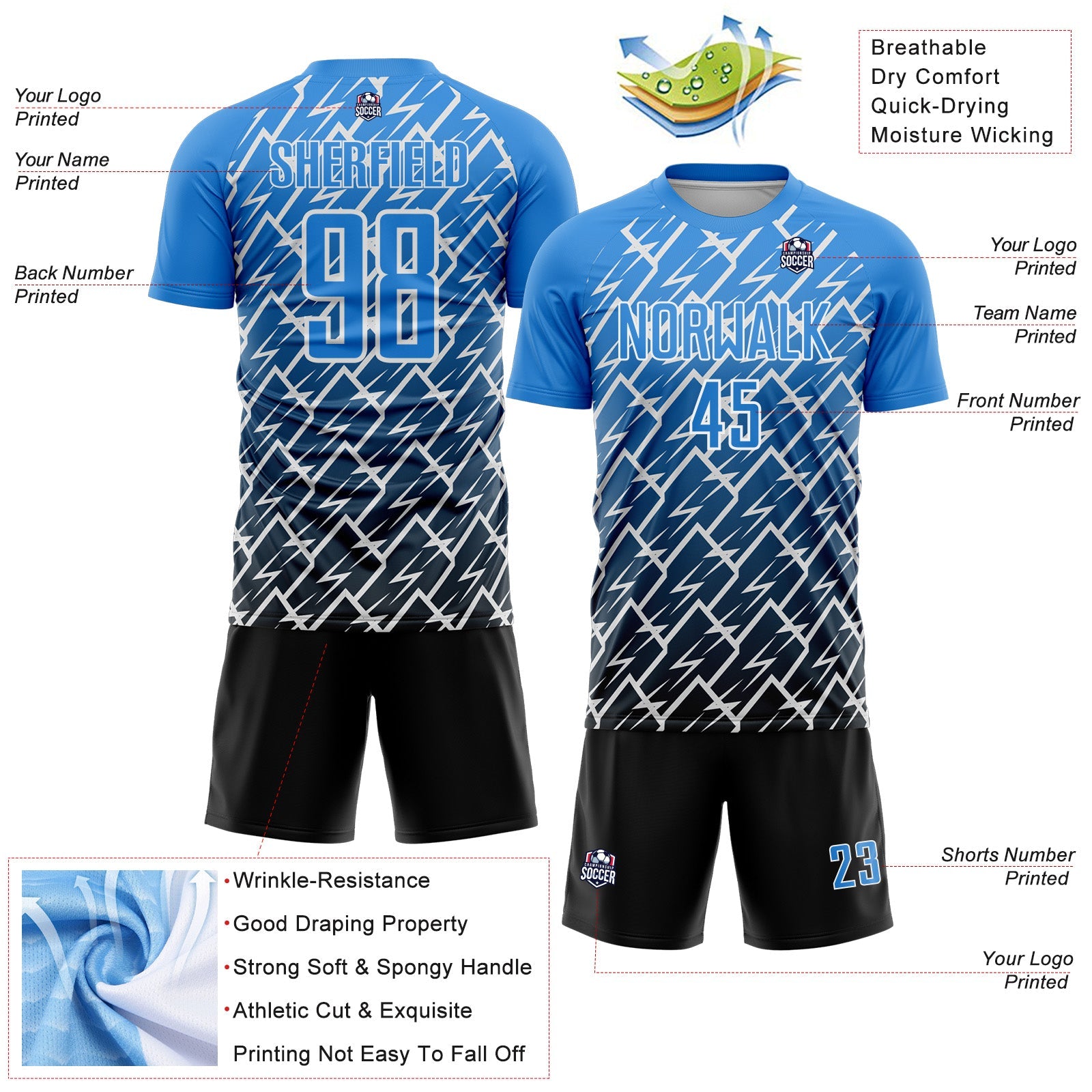 Custom Powder Blue Black-White Lightning Sports Sublimation Soccer Uniform Jersey