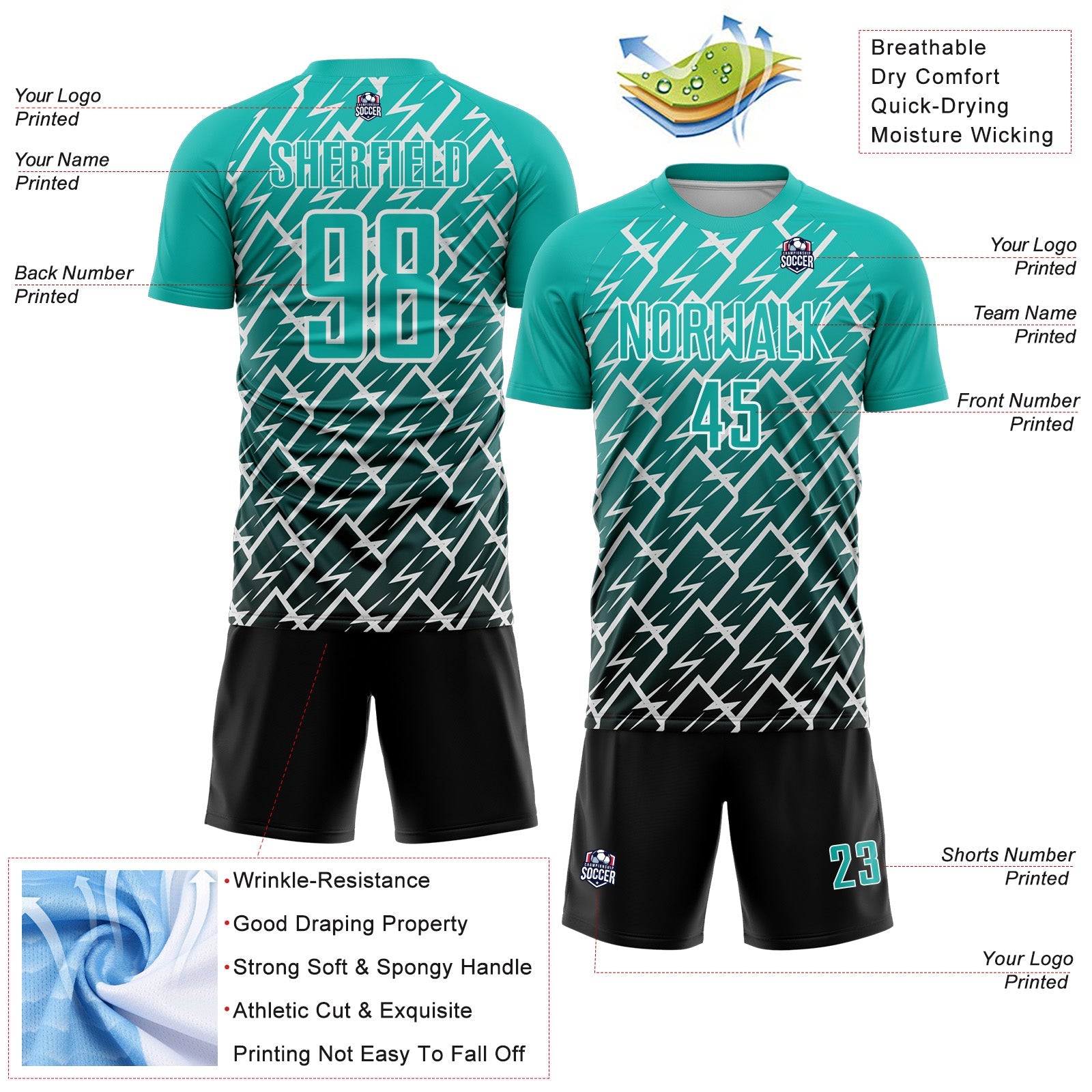 Custom Aqua Black-White Lightning Sports Sublimation Soccer Uniform Jersey