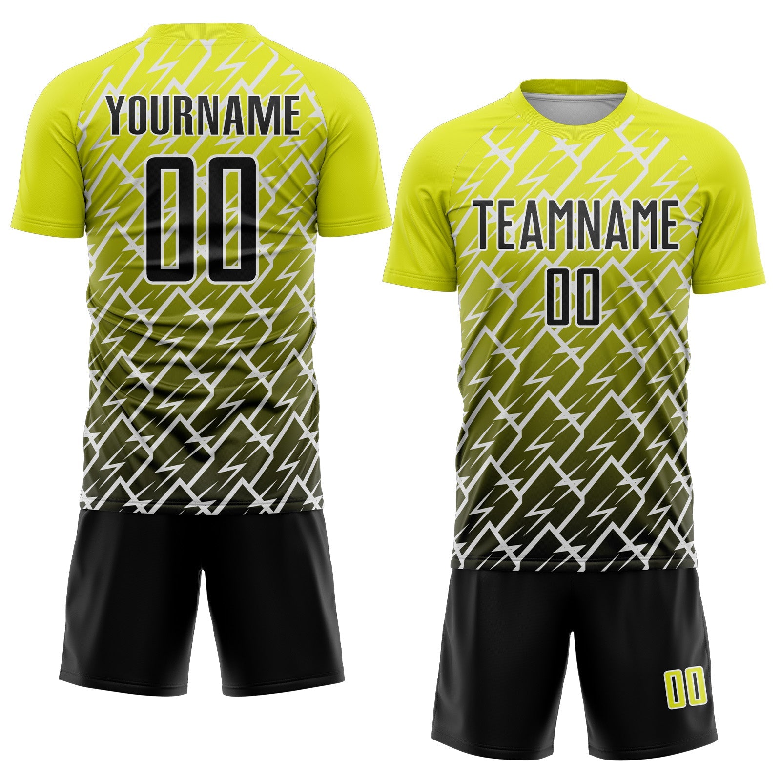 Custom Neon Yellow Black-White Lightning Sports Sublimation Soccer Uniform Jersey
